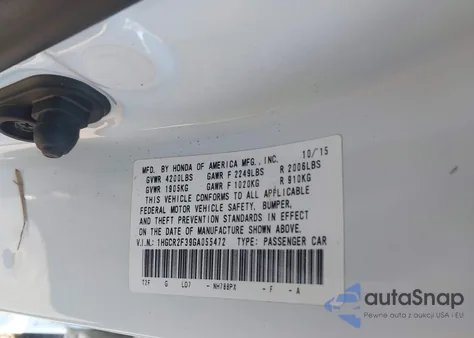 2016 Honda Accord Lx из США, поврежденный, VIN 1HGCR2F39GA055472